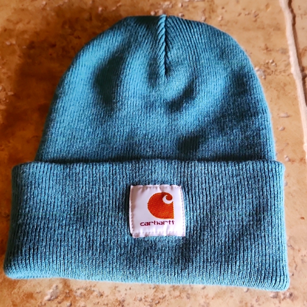 Carhartt Teal Green Knit Cuffed Beanie with Orange Logo Patch